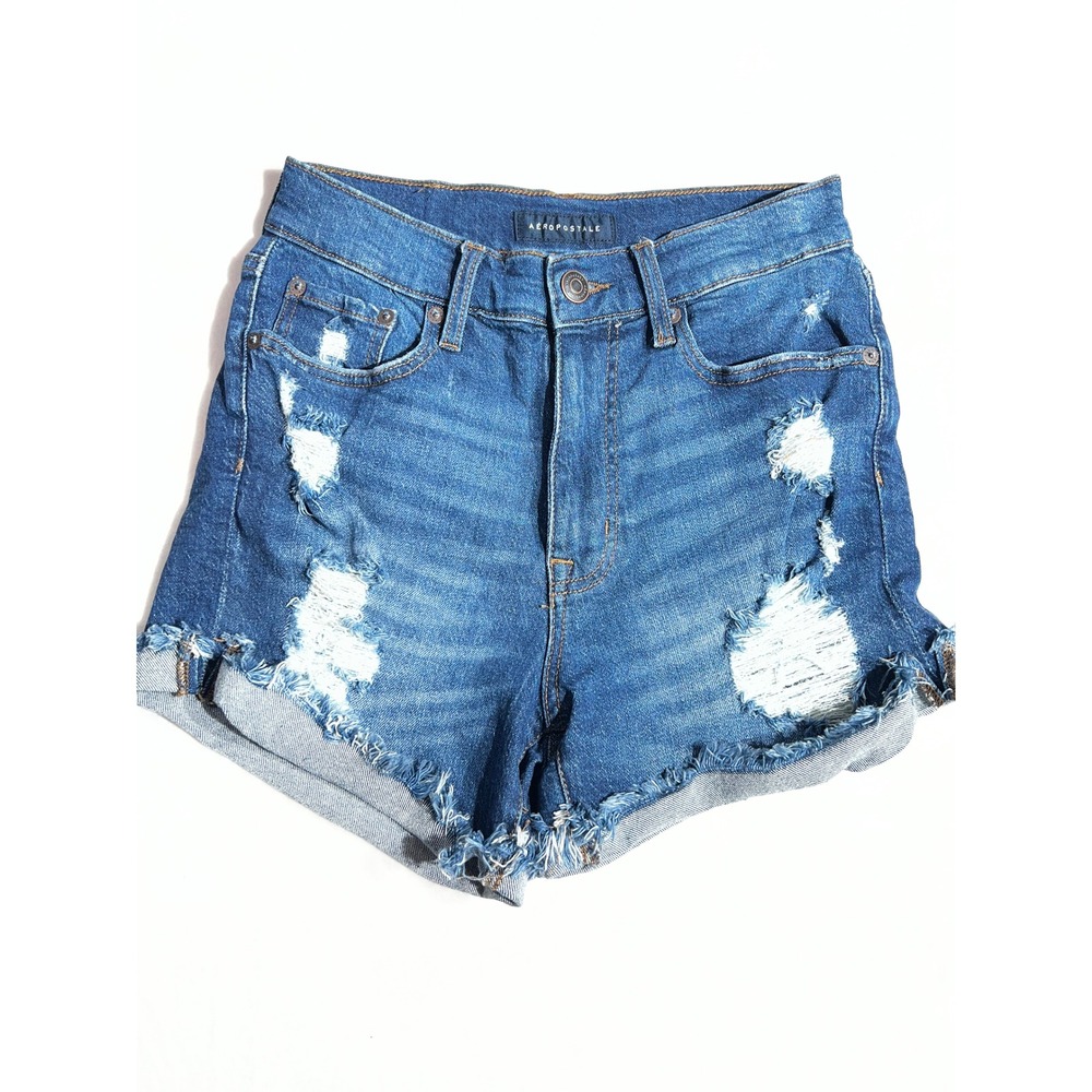 Aeropostale Womens Mom Shorts Medium Wash Distressed Denim High Waisted Size 2